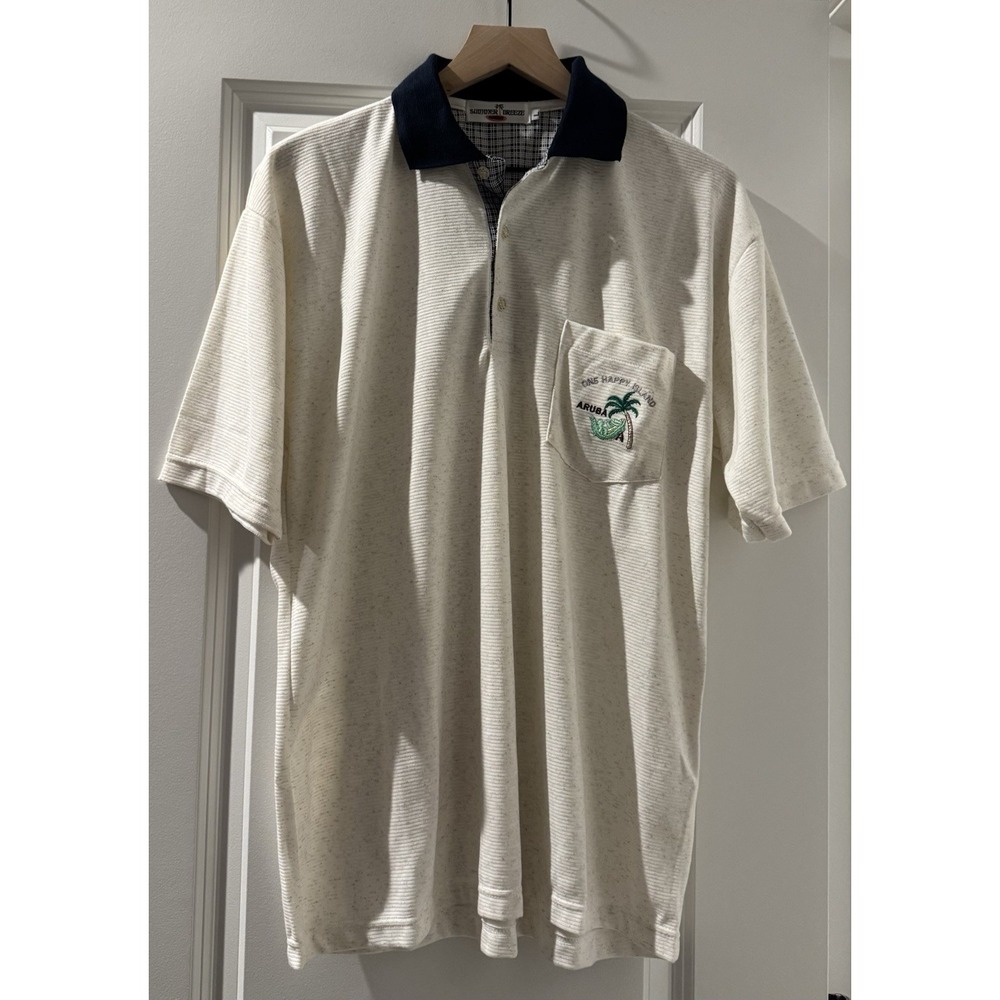 Summer Breeze Aruba Polo Shirt Mens Large White Blue Pocket Embroidered Beach
